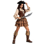 Brown pirate couples Halloween costume with ruffled blouse, lace-up bodice and breeches - view 4