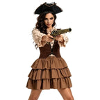 Brown pirate couples Halloween costume with ruffled blouse, lace-up bodice and breeches - view 5