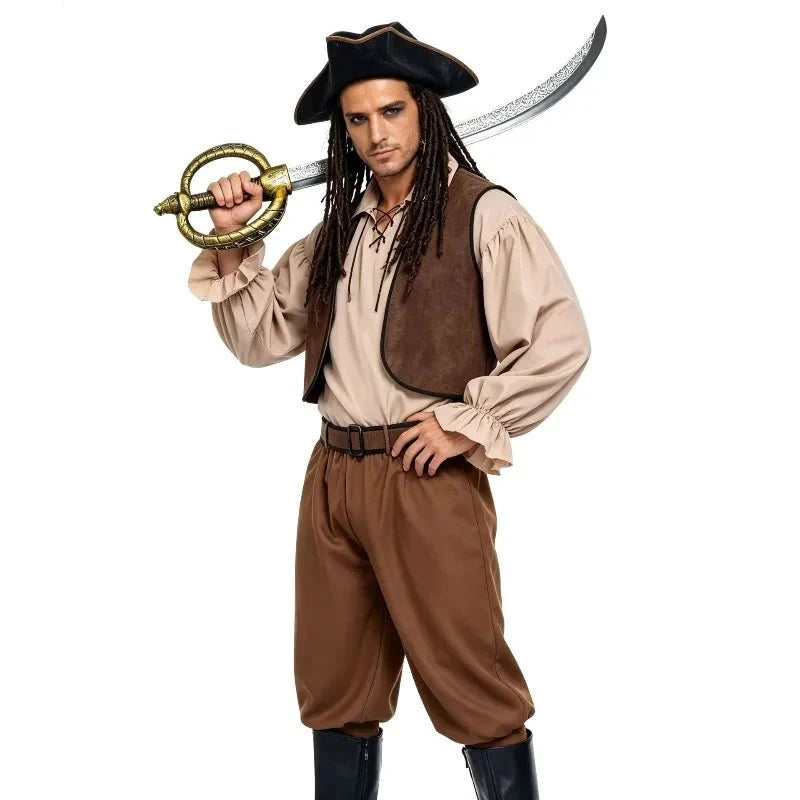 Brown pirate couples Halloween costume with ruffled blouse, lace-up bodice and breeches - view 6