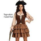 Brown pirate couples Halloween costume with ruffled blouse, lace-up bodice and breeches - view 7