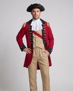 Men's colonial officer Halloween costume with red tailcoat, tan vest and pants, ruffled jabot and tricorn hat