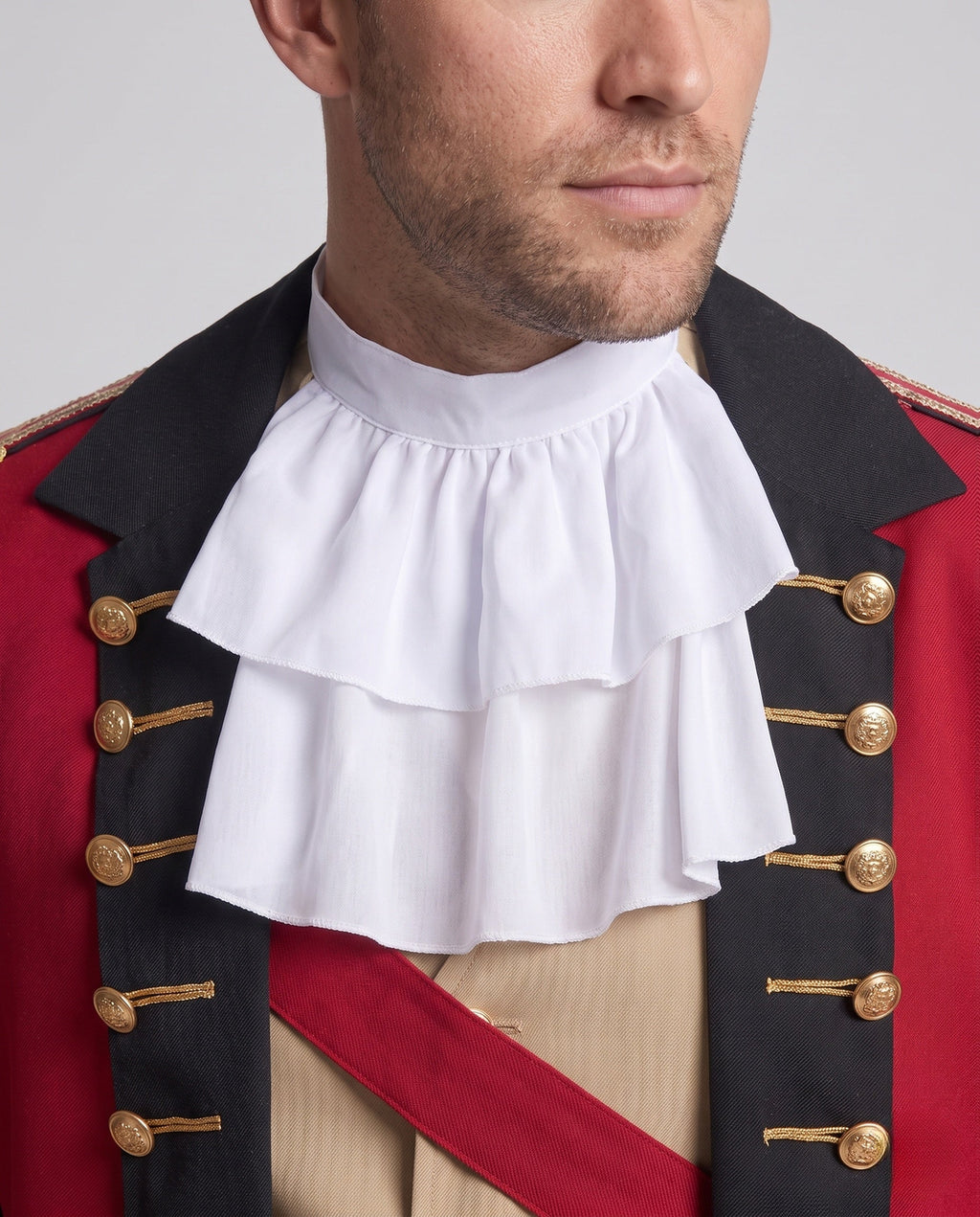 Men's colonial officer Halloween costume with red tailcoat, tan vest and pants, ruffled jabot and tricorn hat - view 2