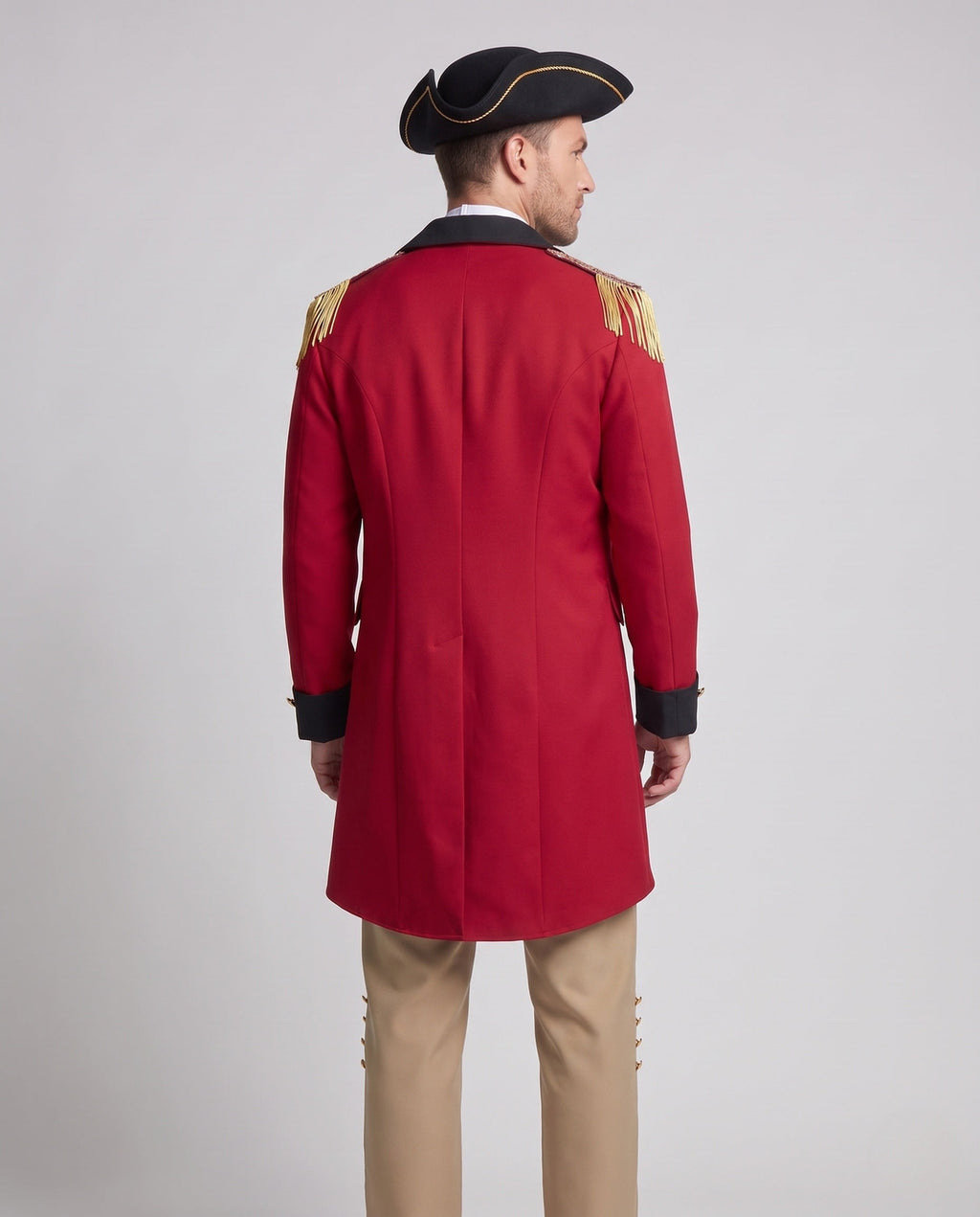 Men's colonial officer Halloween costume with red tailcoat, tan vest and pants, ruffled jabot and tricorn hat - view 3