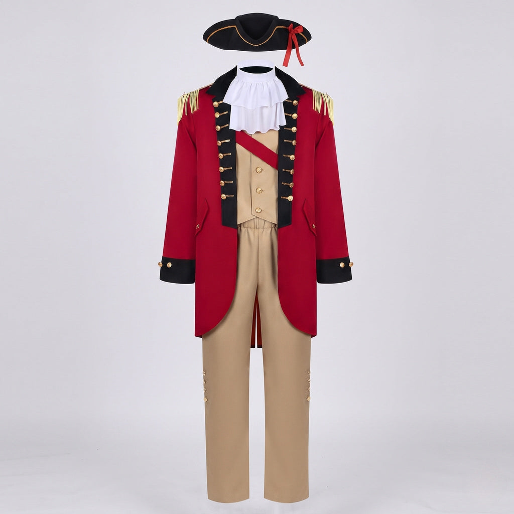 Men's colonial officer Halloween costume with red tailcoat, tan vest and pants, ruffled jabot and tricorn hat - view 4