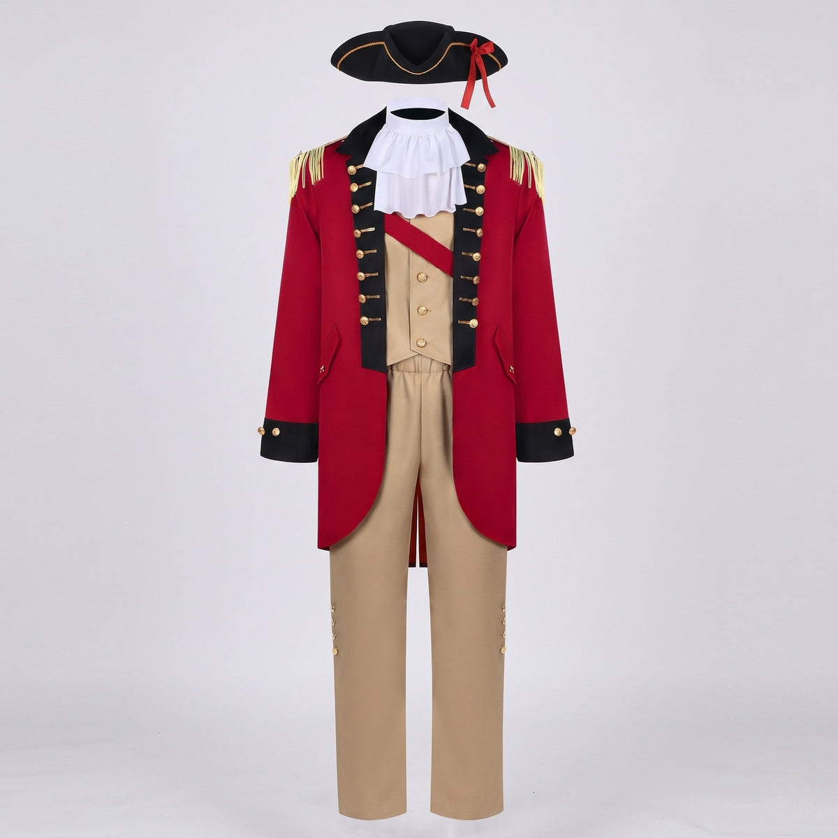 Men's colonial officer Halloween costume with red tailcoat, tan vest and pants, ruffled jabot and tricorn hat - view 4