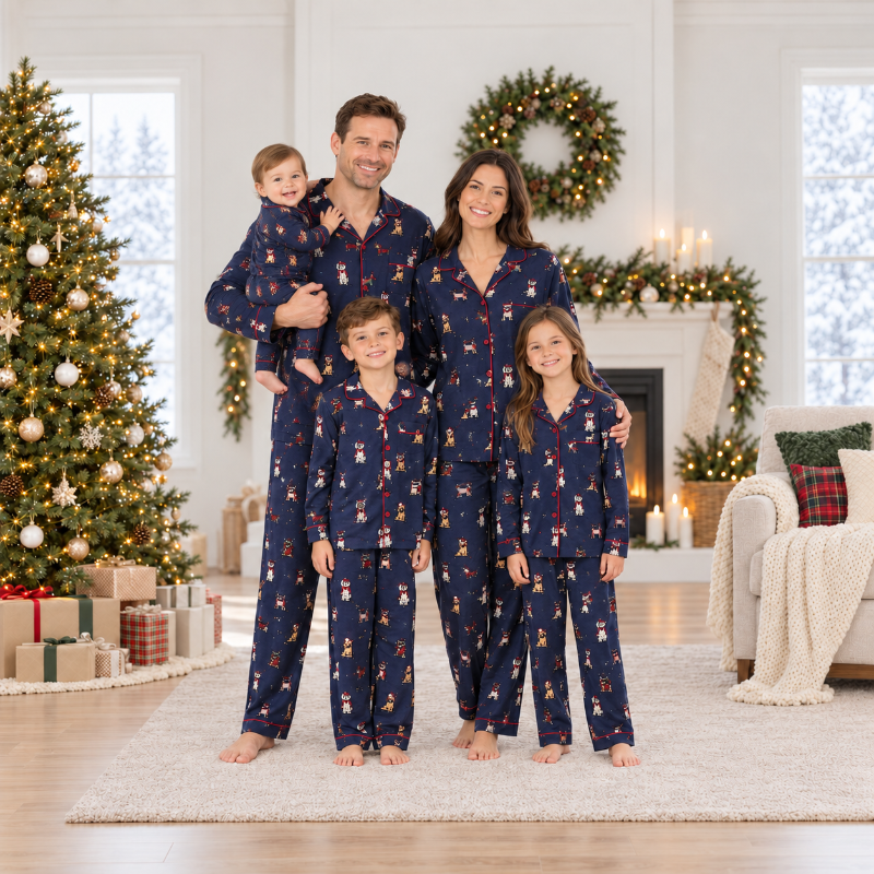 Matching navy Christmas pajamas with festive dog print
