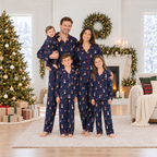 Matching navy Christmas pajamas with festive dog print