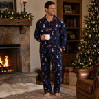 Matching navy Christmas pajamas with festive dog print - view 2