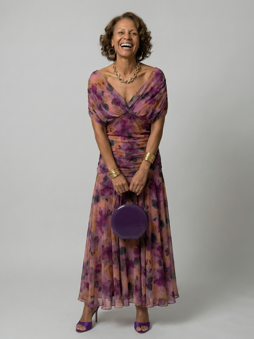 Formal floral mesh evening dress with crossover V-neckline, ruched waist and flowing maxi skirt