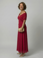 Formal floral mesh evening dress with crossover V-neckline, ruched waist and flowing maxi skirt - view 10