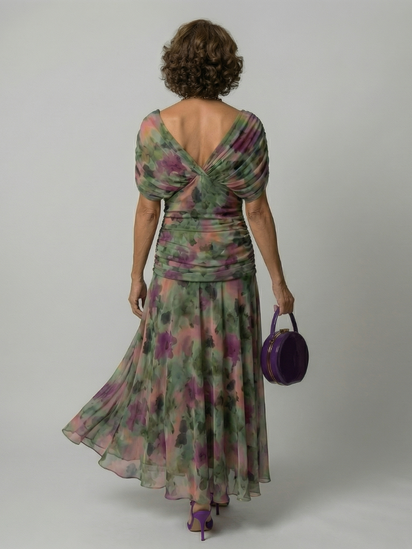Formal floral mesh evening dress with crossover V-neckline, ruched waist and flowing maxi skirt - view 14