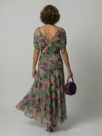 Formal floral mesh evening dress with crossover V-neckline, ruched waist and flowing maxi skirt - view 14