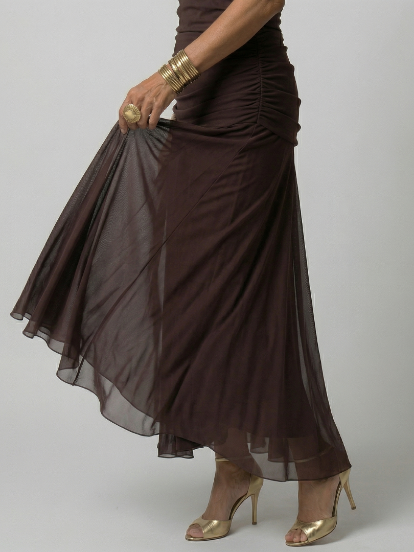 Formal floral mesh evening dress with crossover V-neckline, ruched waist and flowing maxi skirt - view 16