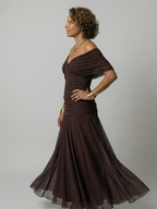 Formal floral mesh evening dress with crossover V-neckline, ruched waist and flowing maxi skirt - view 17