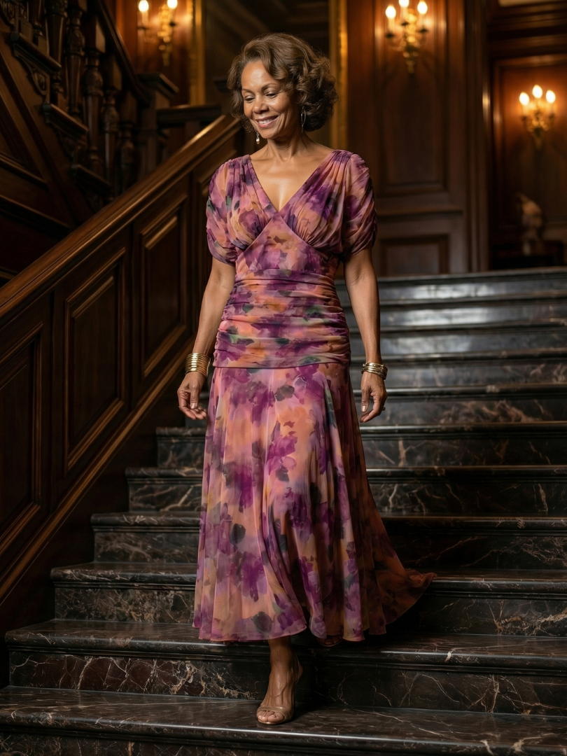 Formal floral mesh evening dress with crossover V-neckline, ruched waist and flowing maxi skirt - view 18