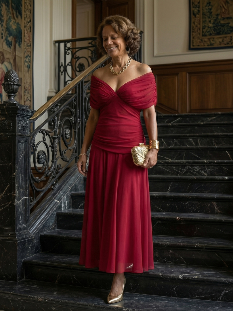 Formal floral mesh evening dress with crossover V-neckline, ruched waist and flowing maxi skirt - view 19