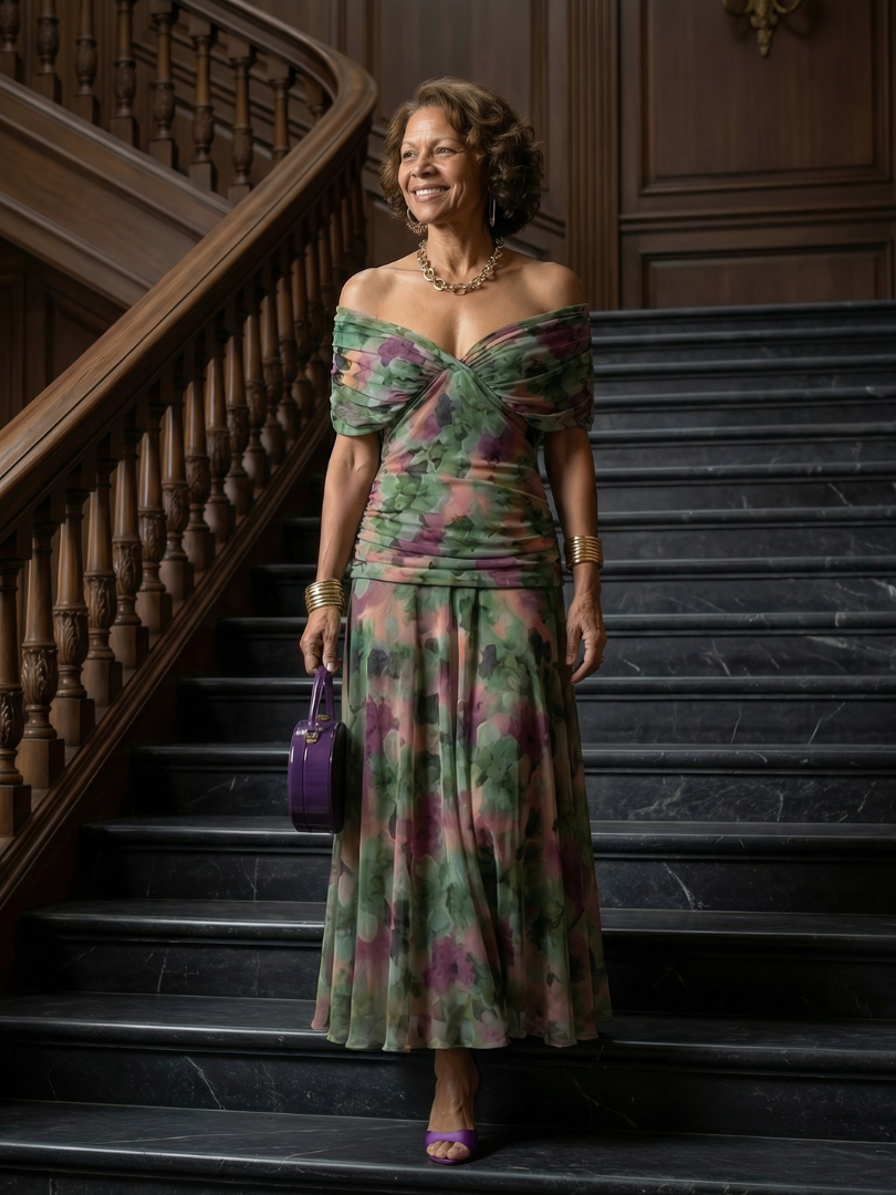 Formal floral mesh evening dress with crossover V-neckline, ruched waist and flowing maxi skirt - view 20