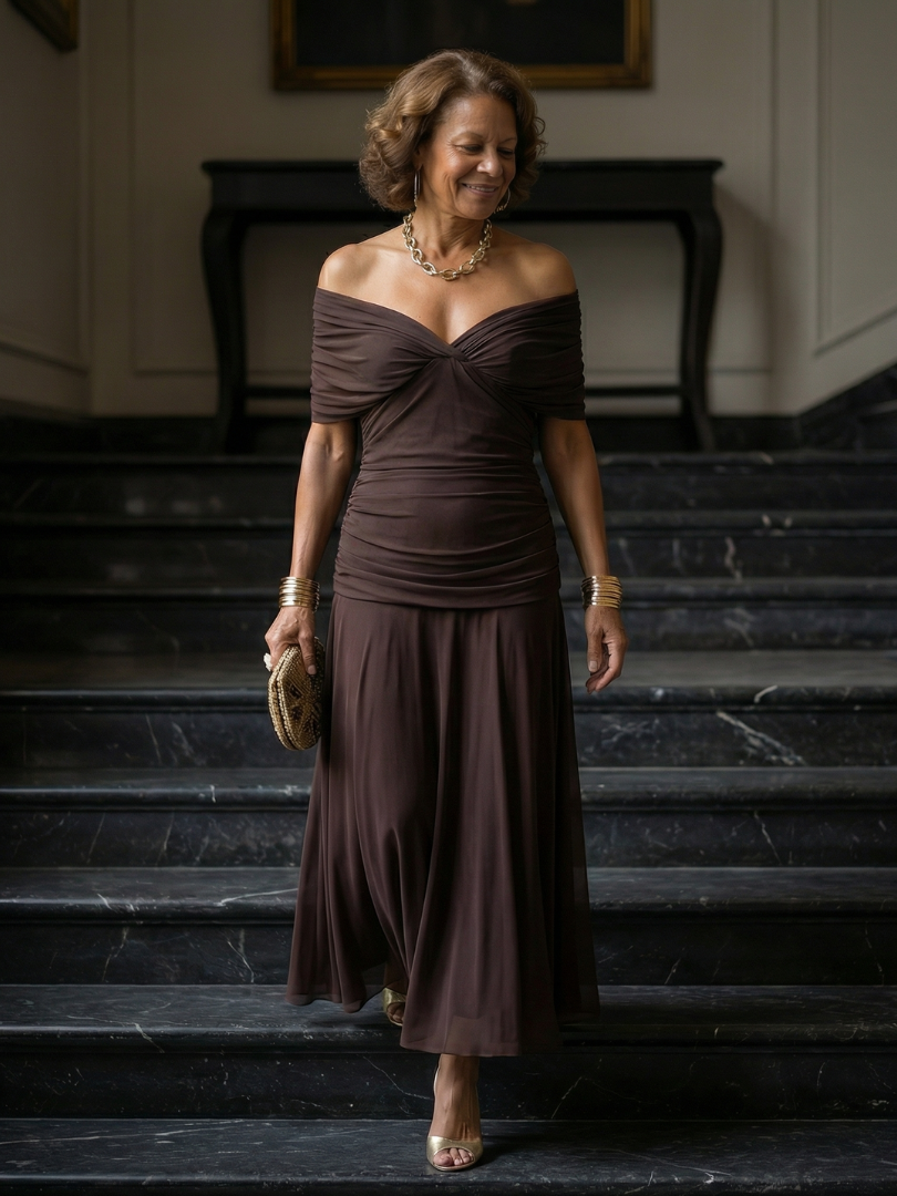 Formal floral mesh evening dress with crossover V-neckline, ruched waist and flowing maxi skirt - view 21