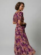 Formal floral mesh evening dress with crossover V-neckline, ruched waist and flowing maxi skirt - view 3