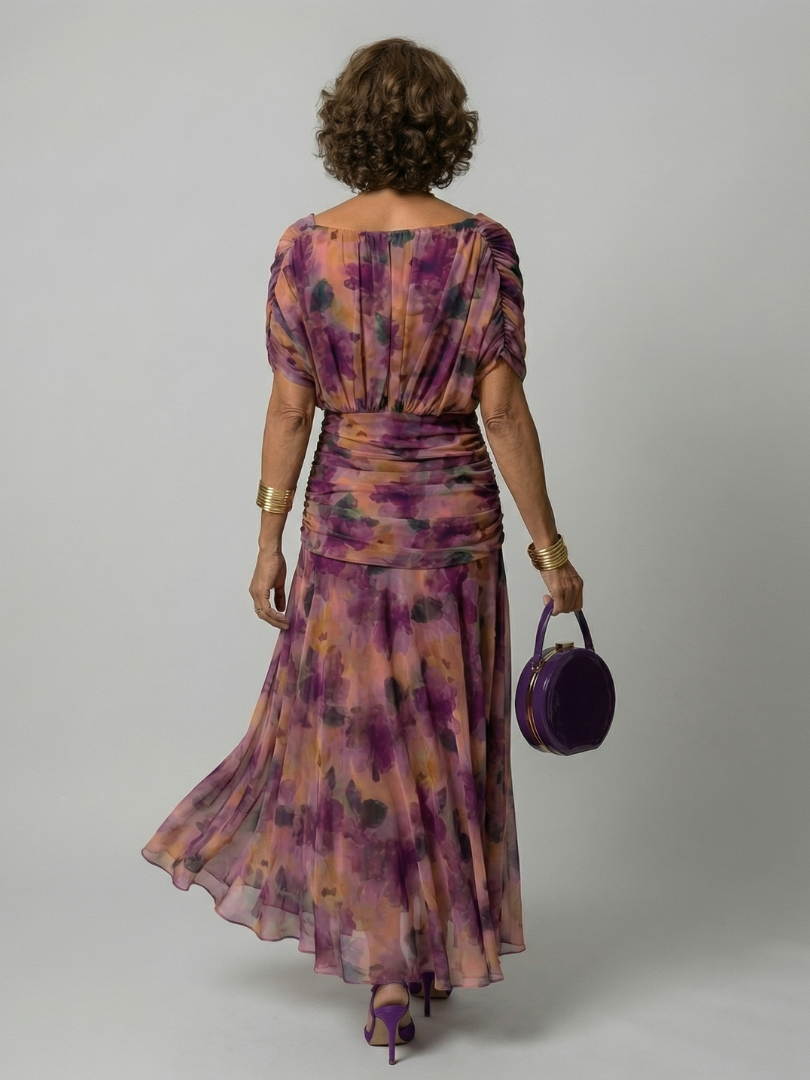 Formal floral mesh evening dress with crossover V-neckline, ruched waist and flowing maxi skirt - view 4