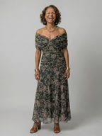 Formal floral mesh evening dress with crossover V-neckline, ruched waist and flowing maxi skirt - view 5
