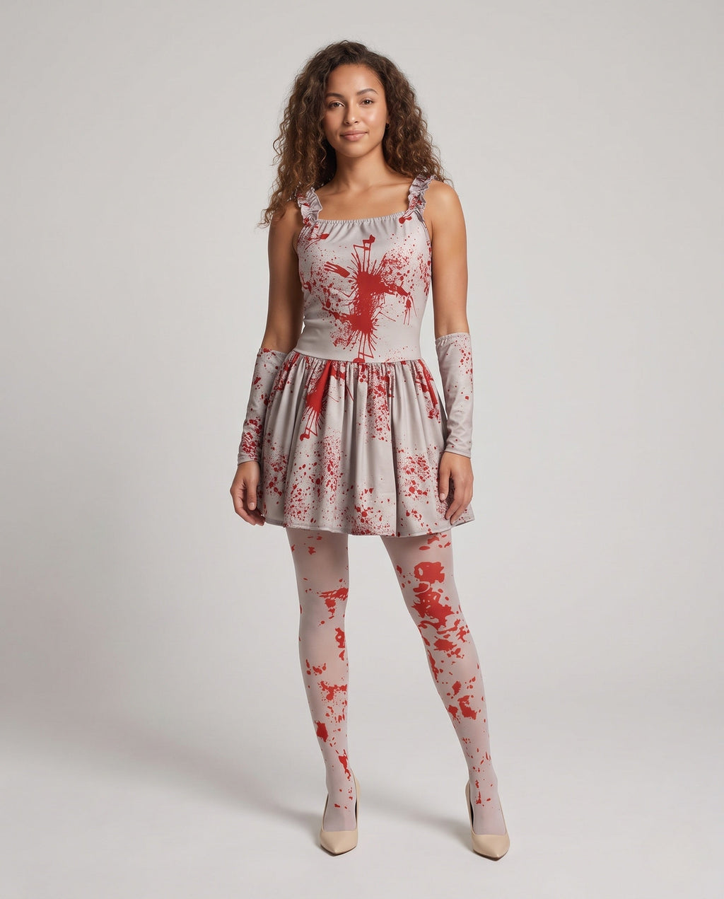 Gray mini costume dress with red blood splatter print and ruffle straps