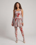Gray mini costume dress with red blood splatter print and ruffle straps