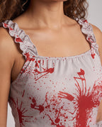 Gray mini costume dress with red blood splatter print and ruffle straps - view 2