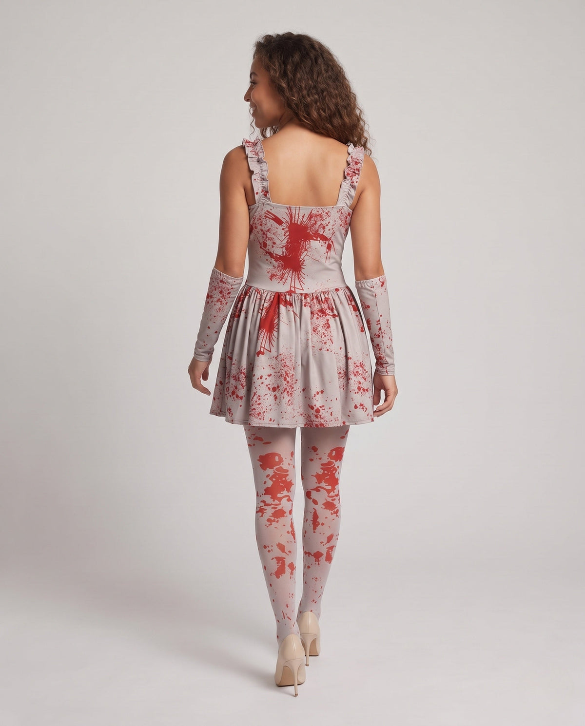 Gray mini costume dress with red blood splatter print and ruffle straps - view 3