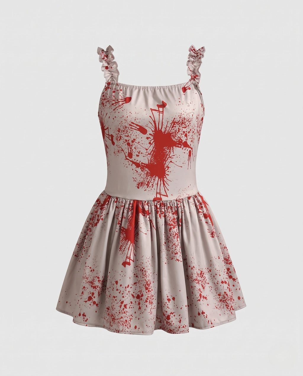 Gray mini costume dress with red blood splatter print and ruffle straps - view 4