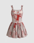 Gray mini costume dress with red blood splatter print and ruffle straps - view 4