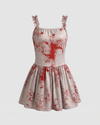 Gray mini costume dress with red blood splatter print and ruffle straps - view 4