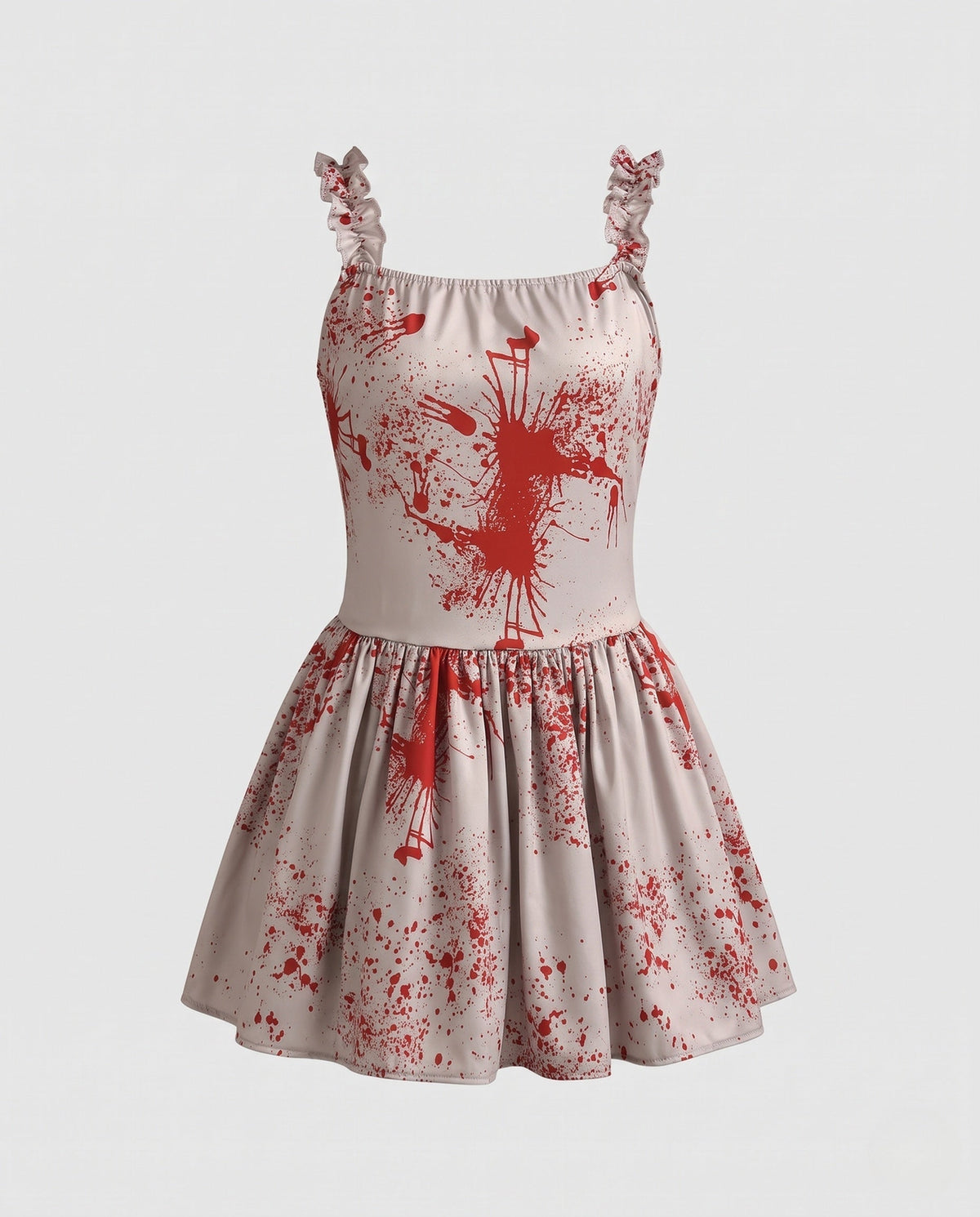 Gray mini costume dress with red blood splatter print and ruffle straps - view 4