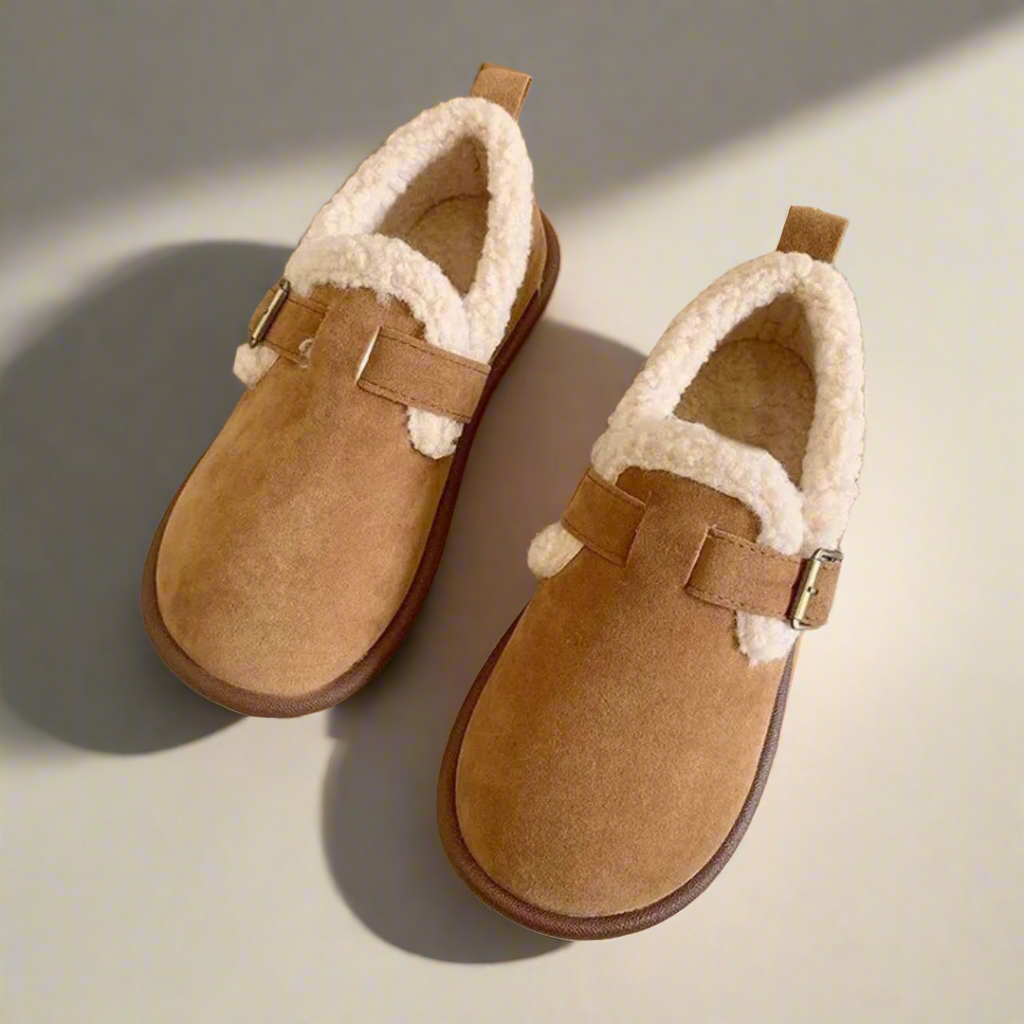 Womens fluffy slippers with plush lining, buckle strap and closed back
