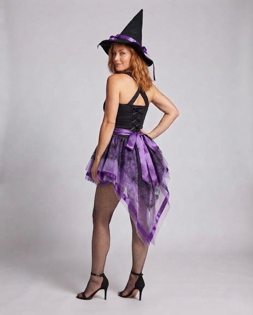 Women's purple and black witch Halloween costume with ribbon-laced bodice, spiderweb tulle high-low skirt and pointed witch hat - view 3