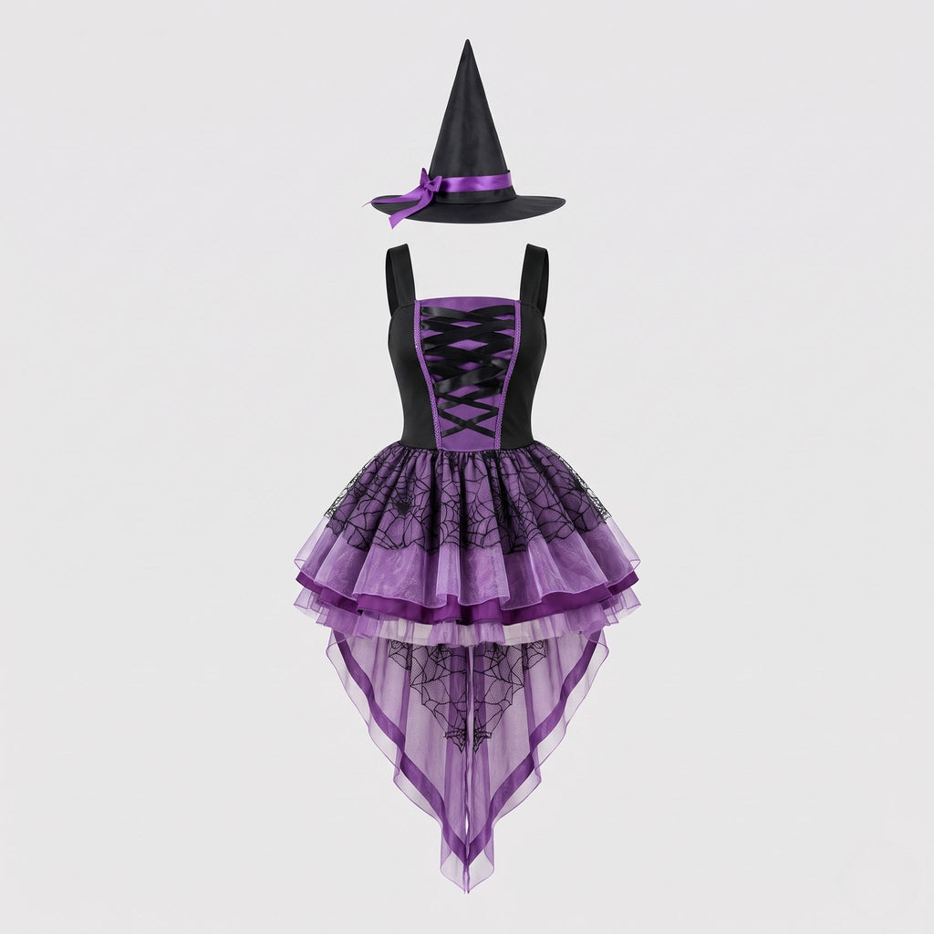 Women's purple and black witch Halloween costume with ribbon-laced bodice, spiderweb tulle high-low skirt and pointed witch hat - view 4