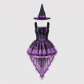 Women's purple and black witch Halloween costume with ribbon-laced bodice, spiderweb tulle high-low skirt and pointed witch hat - view 4