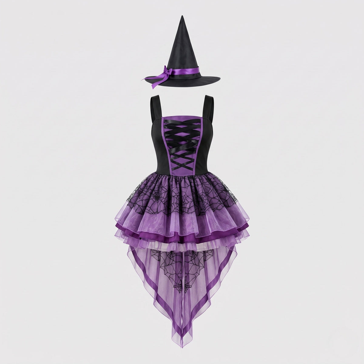 Women's purple and black witch Halloween costume with ribbon-laced bodice, spiderweb tulle high-low skirt and pointed witch hat - view 4