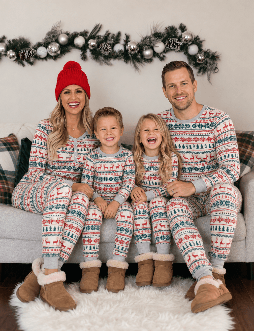 Family wearing matching Fair Isle Christmas pajamas with reindeer print and gray ribbed cuffs