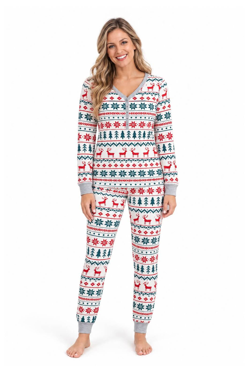 Family wearing matching Fair Isle Christmas pajamas with reindeer print and gray ribbed cuffs - view 11
