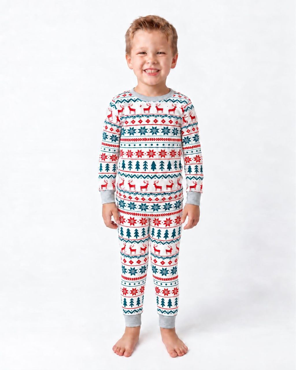 Family wearing matching Fair Isle Christmas pajamas with reindeer print and gray ribbed cuffs - view 13
