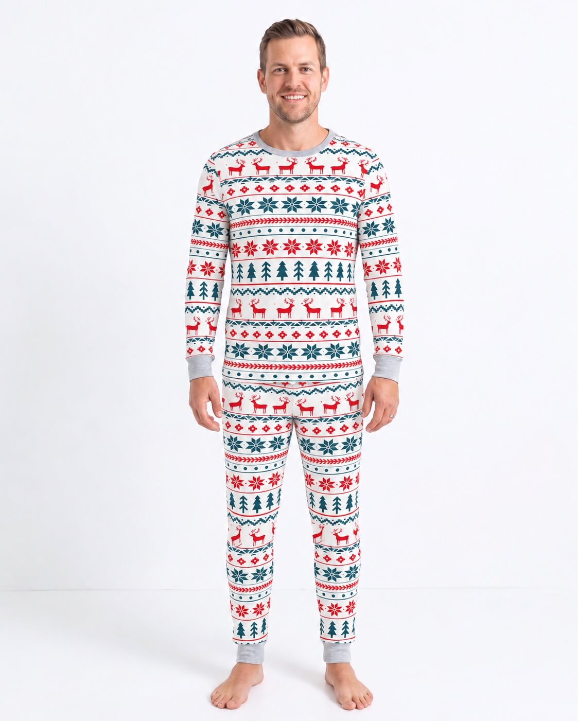 Family wearing matching Fair Isle Christmas pajamas with reindeer print and gray ribbed cuffs - view 14