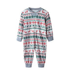 Family wearing matching Fair Isle Christmas pajamas with reindeer print and gray ribbed cuffs - view 15