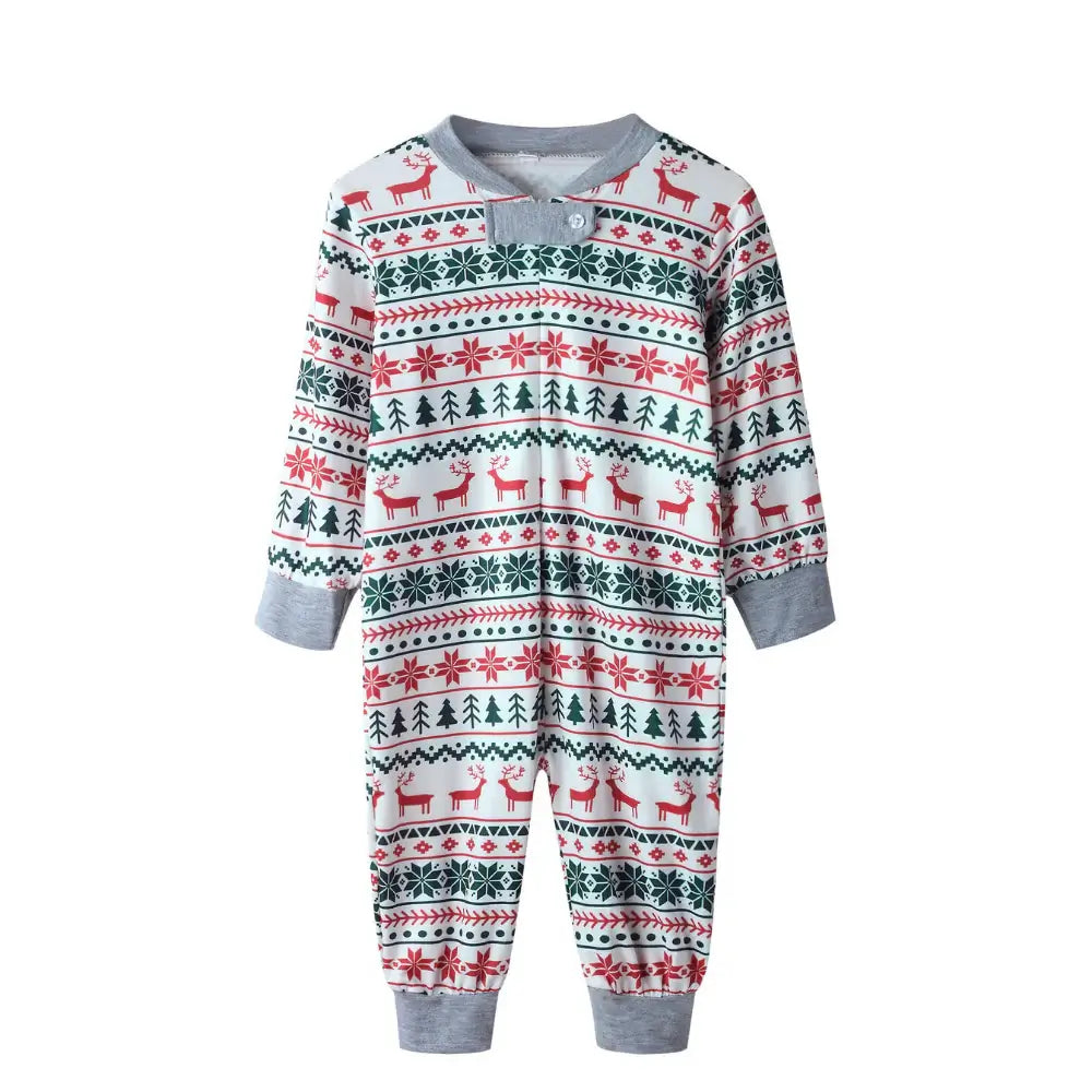 Family wearing matching Fair Isle Christmas pajamas with reindeer print and gray ribbed cuffs - view 15