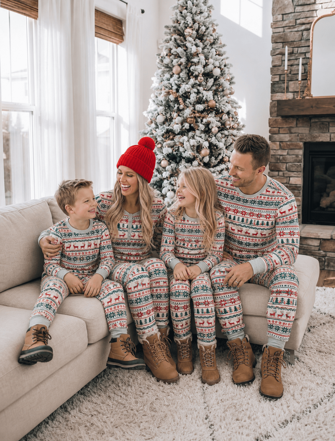 Family wearing matching Fair Isle Christmas pajamas with reindeer print and gray ribbed cuffs - view 2
