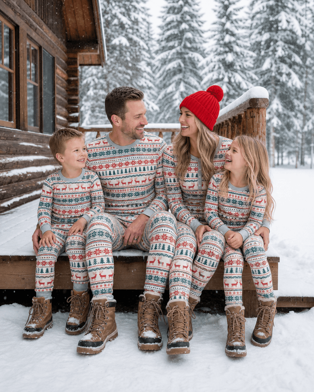 Family wearing matching Fair Isle Christmas pajamas with reindeer print and gray ribbed cuffs - view 3