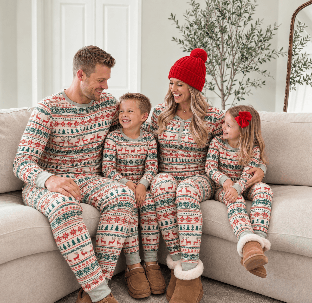Family wearing matching Fair Isle Christmas pajamas with reindeer print and gray ribbed cuffs - view 5