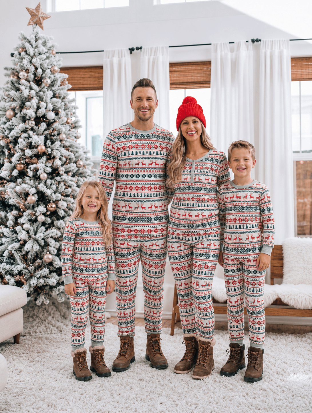 Family wearing matching Fair Isle Christmas pajamas with reindeer print and gray ribbed cuffs - view 8