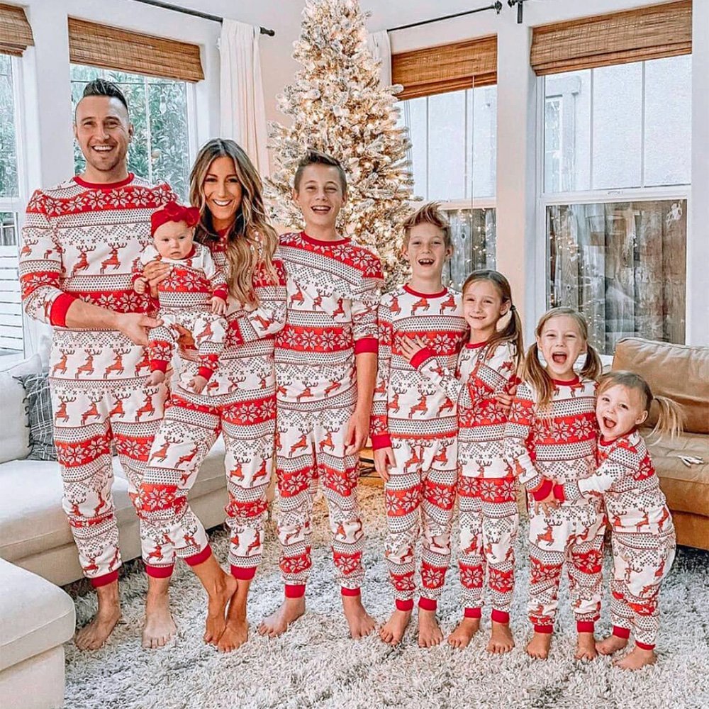 Matching family Christmas pajamas with red reindeer and snowflake print - view 11
