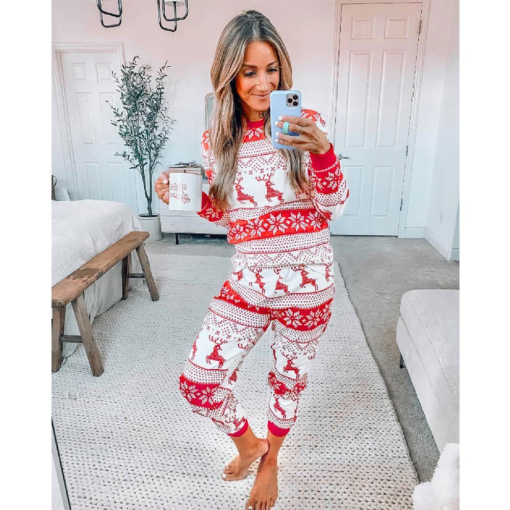 Matching family Christmas pajamas with red reindeer and snowflake print - view 2